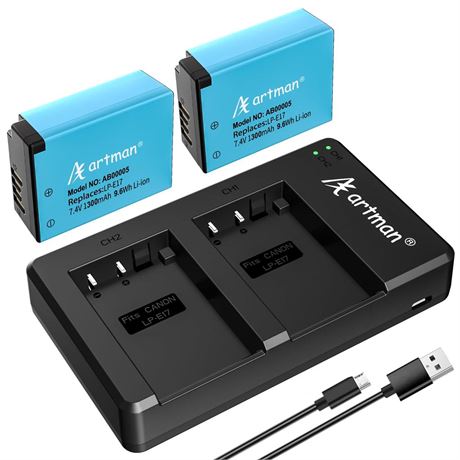 Artman 2-Pack LP-E17 Batteries and Rapid Dual USB Charger for Canon EOS R50 RP