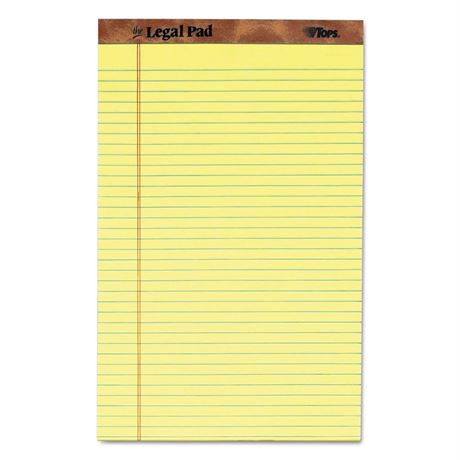 TOPS The Legal Pad Writing Pads, 8-1/2" x 14", Canary Paper, Legal Rule, 50