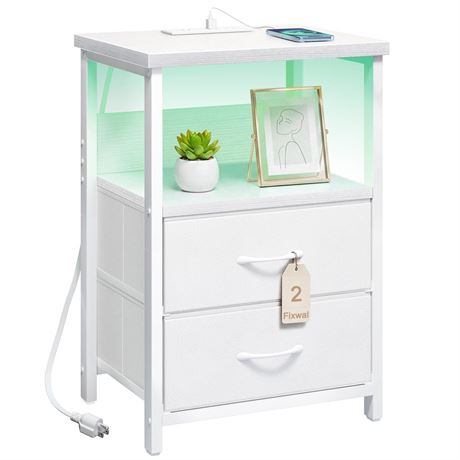 Fixwal White Nightstand for Women Bedroom, LED Night Stand with Charging