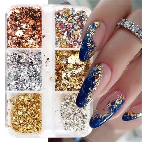 6 Colors Holographic Nail Foil Glitter Flakes, Irregular 3D Sparkly Aluminum