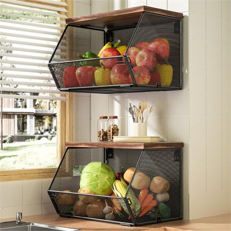 Stackable Fruit Basket for Kitchen Countertop Space Saving, Wall Mounted Mesh