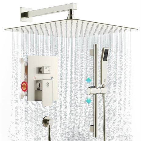 SR SUN RISE 12 Inch Square Shower System, Rain Shower Head and Slide Bar