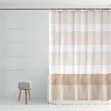 Farmhouse Beige Shower Curtain - Heavy Duty Vintage Linen Fabric Stripe Tassel