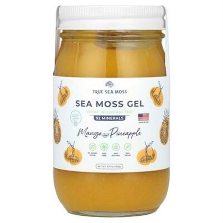 True Sea Moss Wildcrafted Sea Moss Gel Superfood, Mango & Pineapple 16 Fl Oz Jar