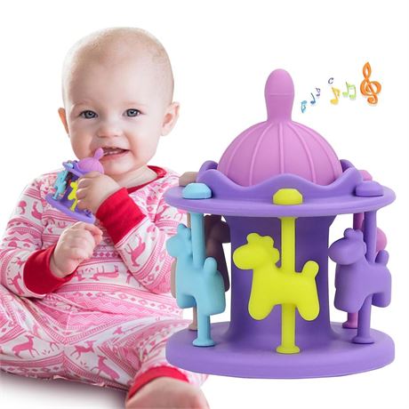 Teething Toys for Babies 0-12 Months, DDMY Baby Carousel Rattle Teether, Food