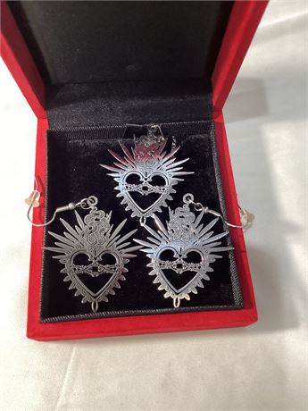 Flaming Sacred SS Set/ Earrings and pendant w/ 18” chain