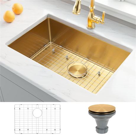 Kitchen Sink, Undermount Kitchen Sink 27” x 18”, Stainless Steel Sink, Gold