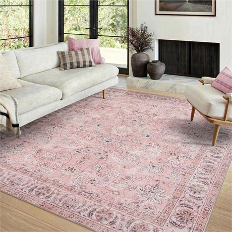 Doria Boho Area Rug, 8'×10' Washable Oriental Rug, Non-Slip Vintage Floral Rug,