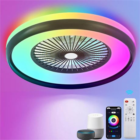 24" Low Profile Ceiling Fans with Lights, Smart RGB Ceiling Fan with