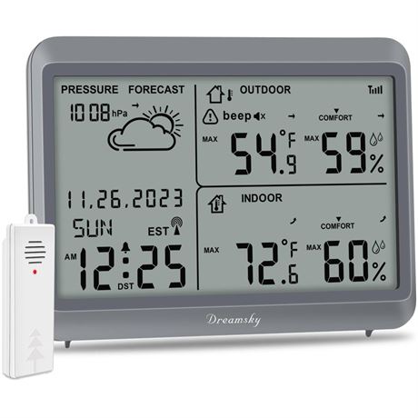 DreamSky Battery Powered Weather Stations Wireless Indoor Outdoor Thermometer,