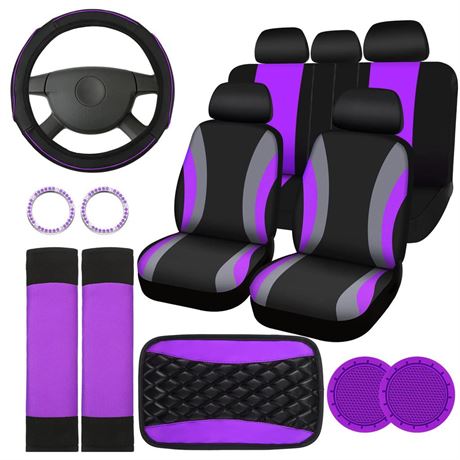 17 Pcs Car Seat Covers Full Set, Steering Wheel Cover Center Console Pad