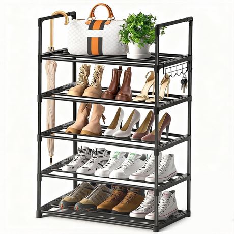 HadinEEon 5 Tiers Shoe Rack with Hook, Stackable Shoe Organizer Storage for