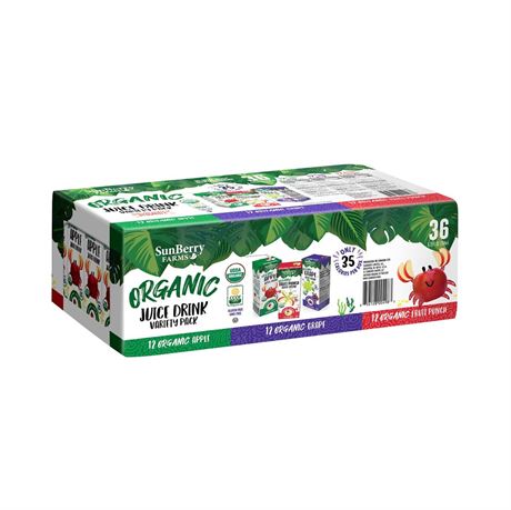 Sunberry Farms Organic Variety Pack Juice Boxes 6.75 fl oz (36 Pack) | Apple,