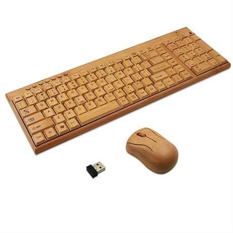 Handcrafted Natural Bamboo Wooden PC Wireless 2.4GHz Keyboard and Mouse Combo