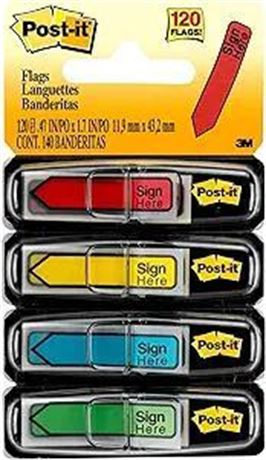 Post-it(R) Arrow Printed Flags, 1/2in., Sign Here"", Assorted Colors, 30 Flags