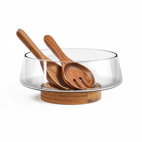 Extra Large Glass Salad Bowl Set - Party Salad Bowls with Acacia Wood Base and