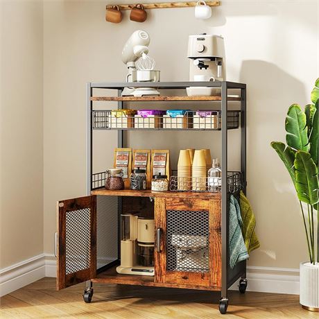 Coffee Bar Cabinet, 3 Tier Coffee Station Table on Wheels, 35.9" H Bar Cart