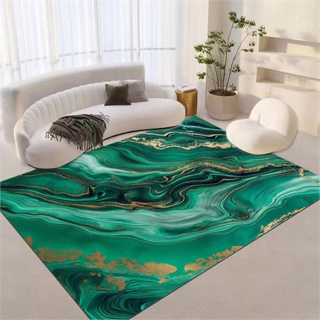 Area Rug Washable Rug, Non Slip Living Room Mat Marble Green Texture Emerald