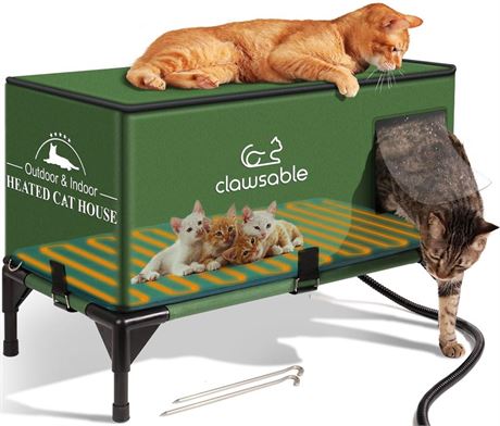 Elevated Base Heated Cat House for Outdoor Cat in Winter, Waterproof &