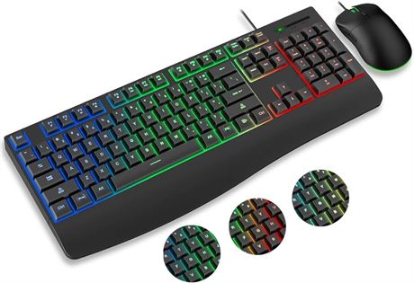 Wired Keyboard and Mouse Combo, Light Up Letters, Wrist Rest, 3-Color RGB