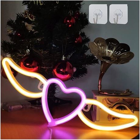 NUOLI Heart Neon Light Pink & Warm White Heart Neon Sign Wall Light Battery and