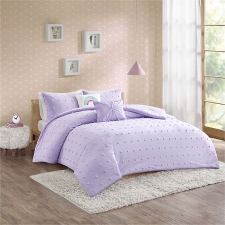 Ensley 5-Piece Lavender 100% Cotton Full/Queen Jacquard Pom Pom Kids Comforter
