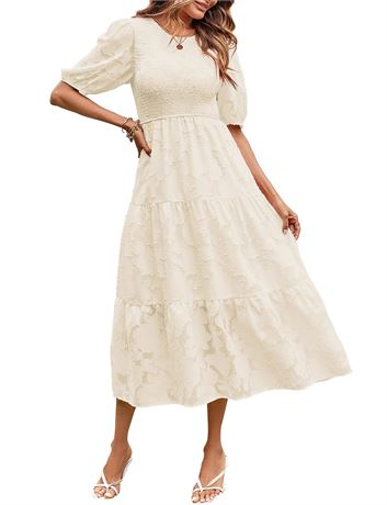 MEROKEETY Women's 2024 Summer Puff Sleeve Smocked Floral Dress Crewneck Lace