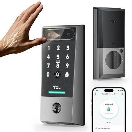 TCL Smart Lock D2 Pro, Palm Vein Keyless Entry Deadbolt, Wi-Fi Keypad Door