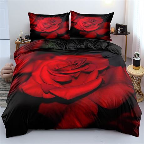 Romantic Floral Duvet Covers wtih 2 Pillowcases Rose Bed Set Queen Size,Red