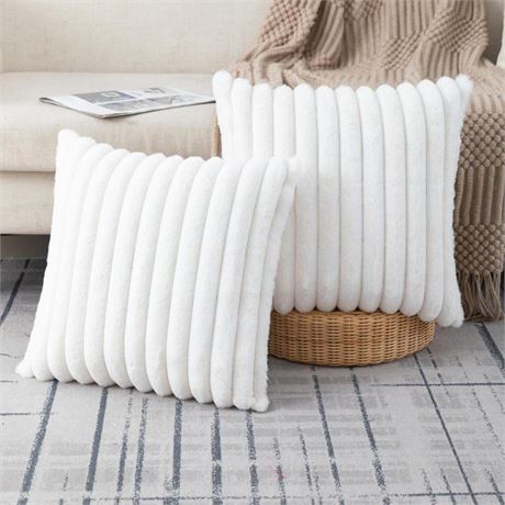 ZLINA Set of 2 Faux Fur Plush Cream White Throw Pillow Covers Fluffy Striped