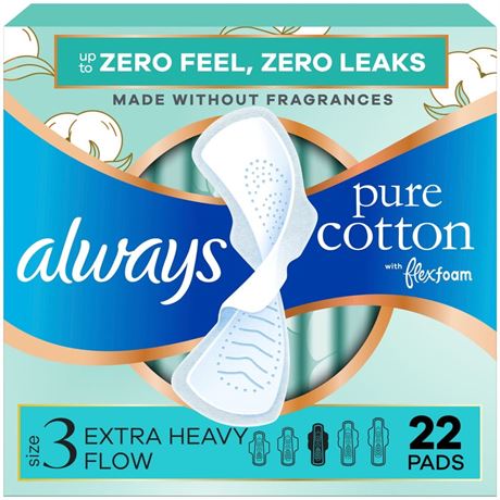 Always Pure Cotton Pads with FlexFoam, Size 3, Extra Heavy, Wings, Unscented