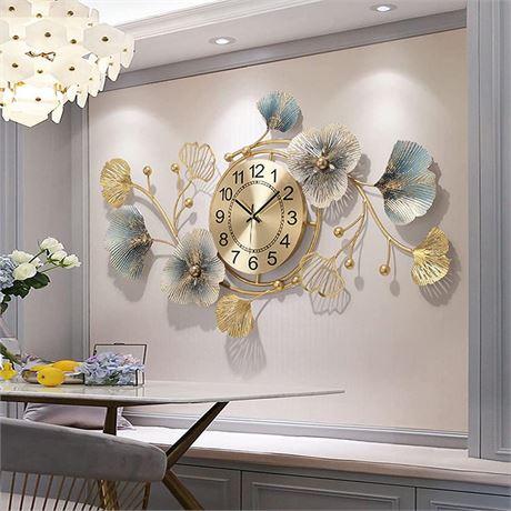 Large Wall Clock 47 Inch Creative Metal Ginkgo Leaf Design Wall Clock Silent