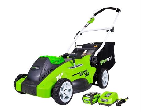 Greenworks 40V 16" Battery Powered Push Lawn Mower with 4.0 Ah Battery &