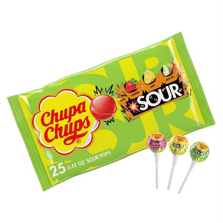 Chupa Chups SOUR Lollipops, Variety Pack, Lemon, Strawbery & Apple Flavored,