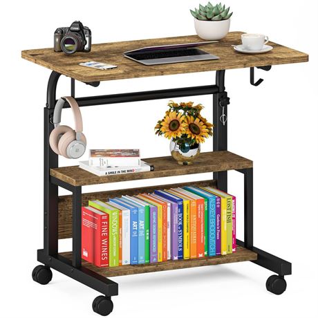 Portable Desk with Storage Shelves, Height Adjustable Desk with Wheels, Small