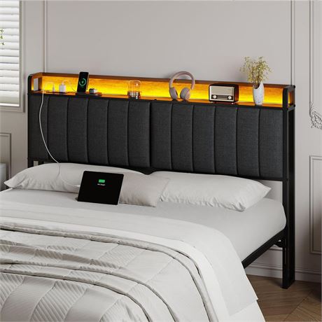 LED Queen Size Upholstered Headboard with Charging Station, Queen Storage