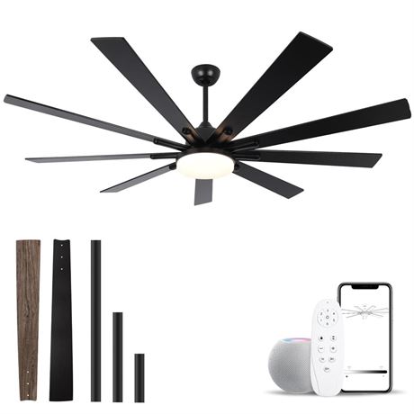 72 Inch Outdoor Ceiling Fan, Black Ceiling Fan with Light, 9 Fan Blades,