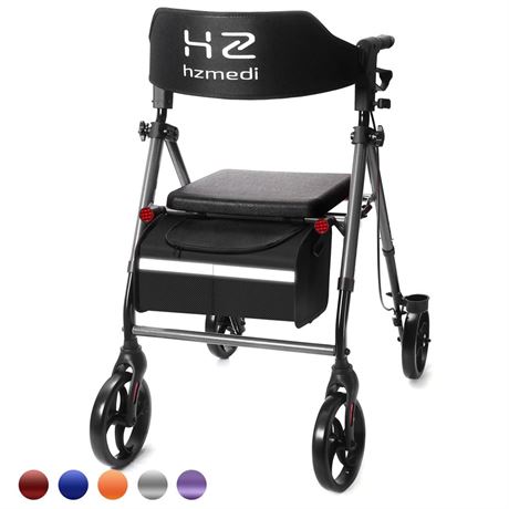 Walkers for Seniors, Grey Folding Walker with Seat, 8" Big Wheels Adult Walker