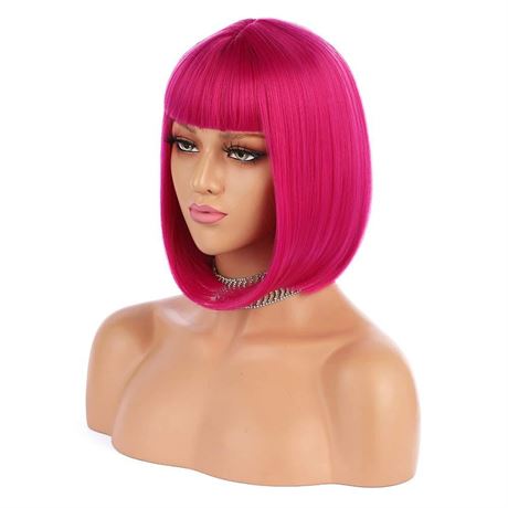 eNilecor Short Bob Hair Wigs 12 Straight with Flat Bangs Synthetic Colorful