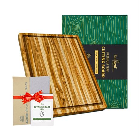 BEEFURNI Teak Wood Cutting Board with Juice Groove Hand Grip (M, 20x15x1.25"),