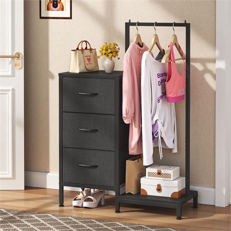 Dresser for Bedroom with Hanging Rack, 3 Drawers Dresser for Bedroom - Black