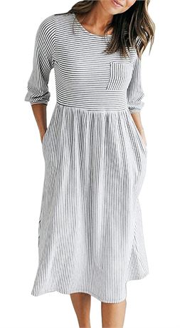 MEROKEETY Women's 3/4 Balloon Sleeve Striped High Waist T Shirt Midi Dress with