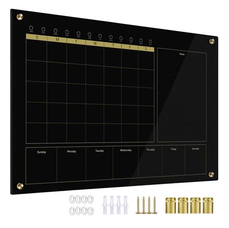 Black Glass 3-1 Monthly Dry Erase Calendar Whiteboard for Wall,24"x