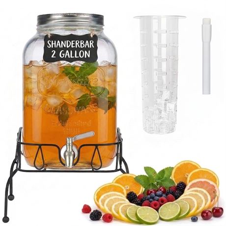 2 Gallon Glass Drink Dispenser with Stand and Lid, Stainless Steel Spigot |