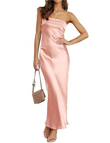 MEROKEETY Women 2024 Summer Strapless Satin Tube Bodycon Backless Wedding Guest