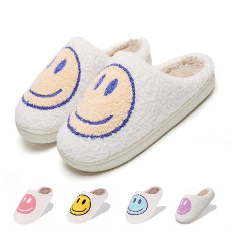 Fuzzy Slippers for Women Men, Cute Retro Fluffy Happy Face House Slippers,