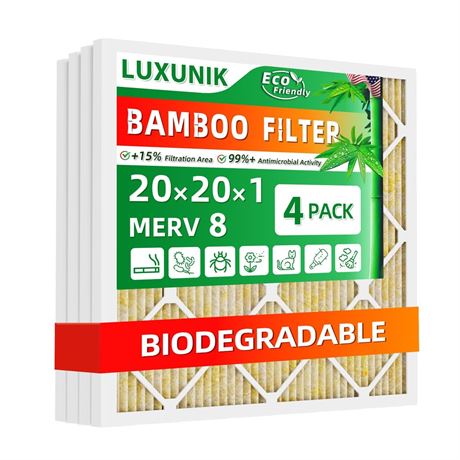 Biodegradable 20x20x1 Bamboo Air Filter MERV 8（4-Pack）, HVAC Filter