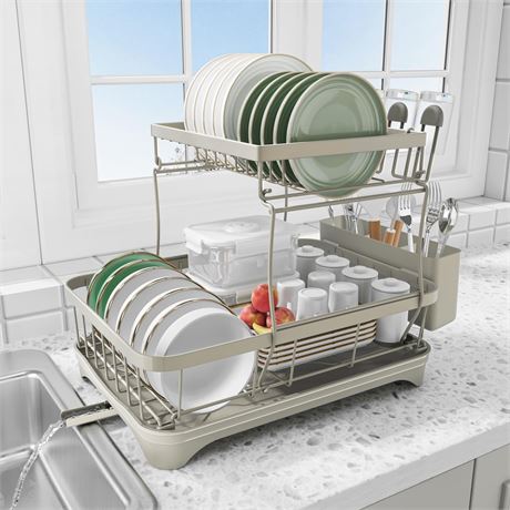 Dish Drying Rack for Kitchen Counter,Two-Tier Dish Rack with Utensil Holder,
