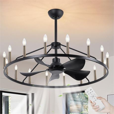 She's home 43" Black Wagon Wheel Chandelier with Fan, 16-Lights Large Round