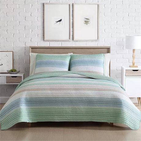 Beatrice Home Fashions Coralinn Stripe Quilt Set, Sage Blue